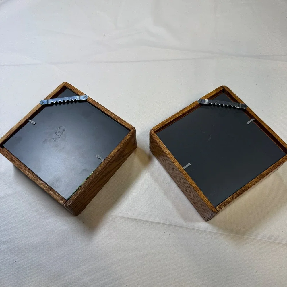 Vintage MCM Oak Wood Mirror Shadow Box Wall Shelves Set of 2 Geometric Squares